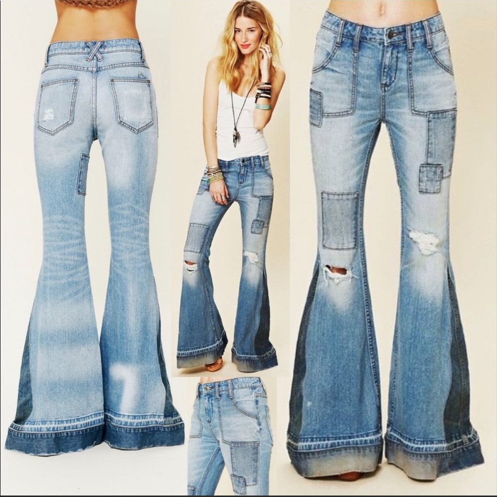 Rare Free People Festy Super Flare Patchwork Jeans Sz 30